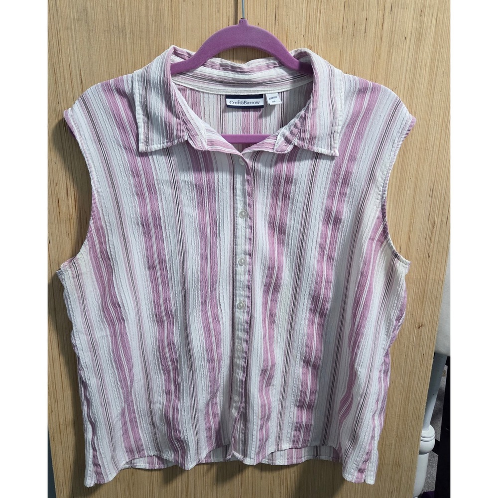 Croft & Barrow Womens XL Pink White Striped Seersucker Sleeveless Button Down